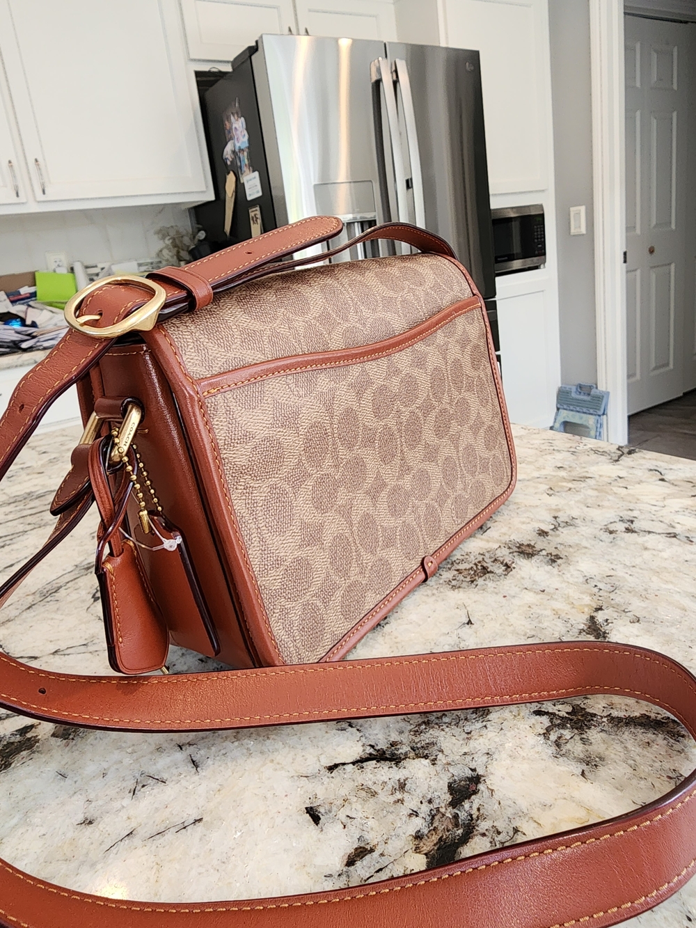 Coach Tan Signature Canvas Crossbody with Gold 'C' Lock - Picture 5 of 11